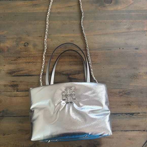 Tory Burch Handbags - Tory Burch Britten Metallic Silver Puffy Mini Tote Crossbody Purse 171345